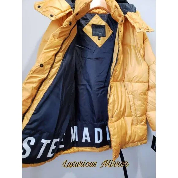 Steve Madden Women's Puffer Jacket Yellow Full Zip Hooded Mock Neck New Sz L - Picture 6 of 9